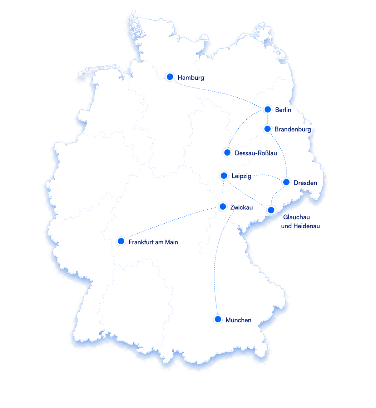 Deutschlandkarte mit RELAXA Standorten: Hamburg, Berlin, Brandenburg, Dessau-Roßlau, Leipzig, Dresden, Zwickau, Glauchau und Heidenau, Frankfurt am Main und München.