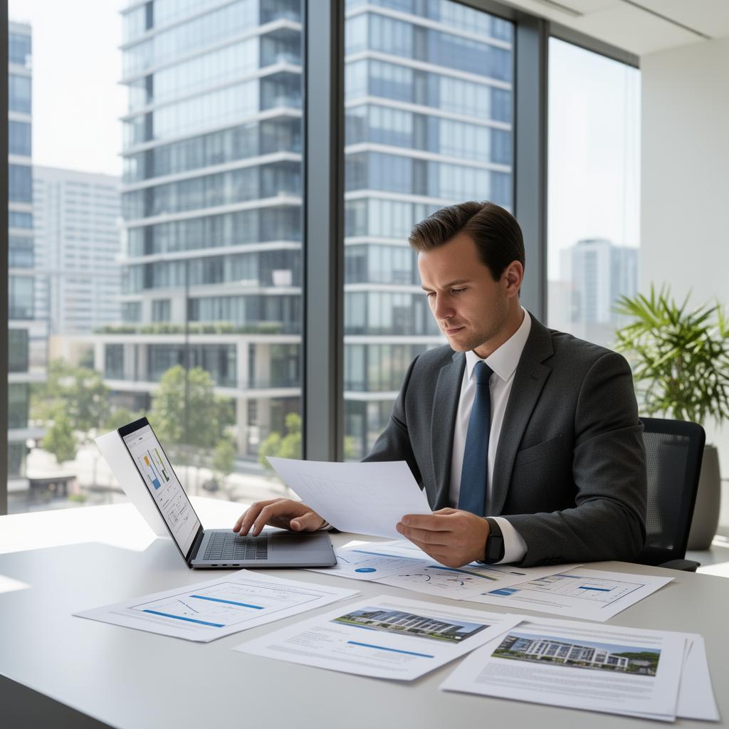 Gewerbeverwaltung – RELAXA Verwalter am Schreibtisch mit moderner Gewerbeimmobilie im Hintergrund