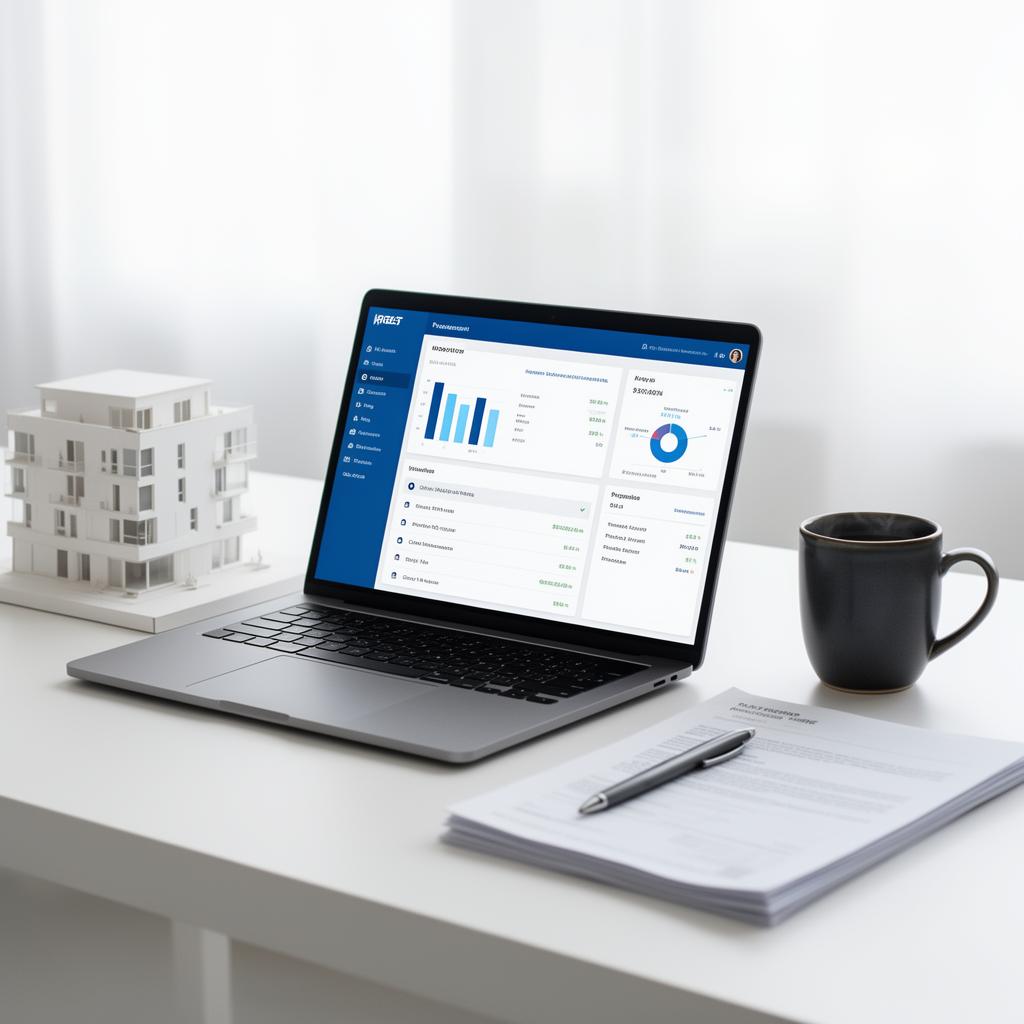 Moderner Schreibtisch mit Laptop, Verwaltungs-Dashboard und Architekturmodell