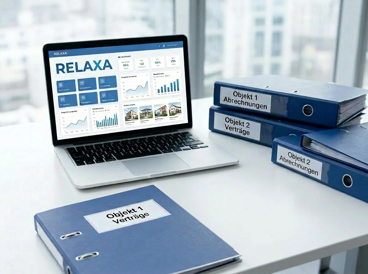 Schreibtisch mit Laptop, Portfolio Dashboard, Objektunterlagen und Übergabeplan — strukturierte Übergabe an die RELAXA Portfolioverwaltung