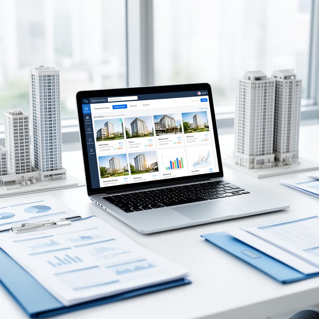 Laptop mit Portfolio Dashboard und Objektunterlagen auf modernem Schreibtisch