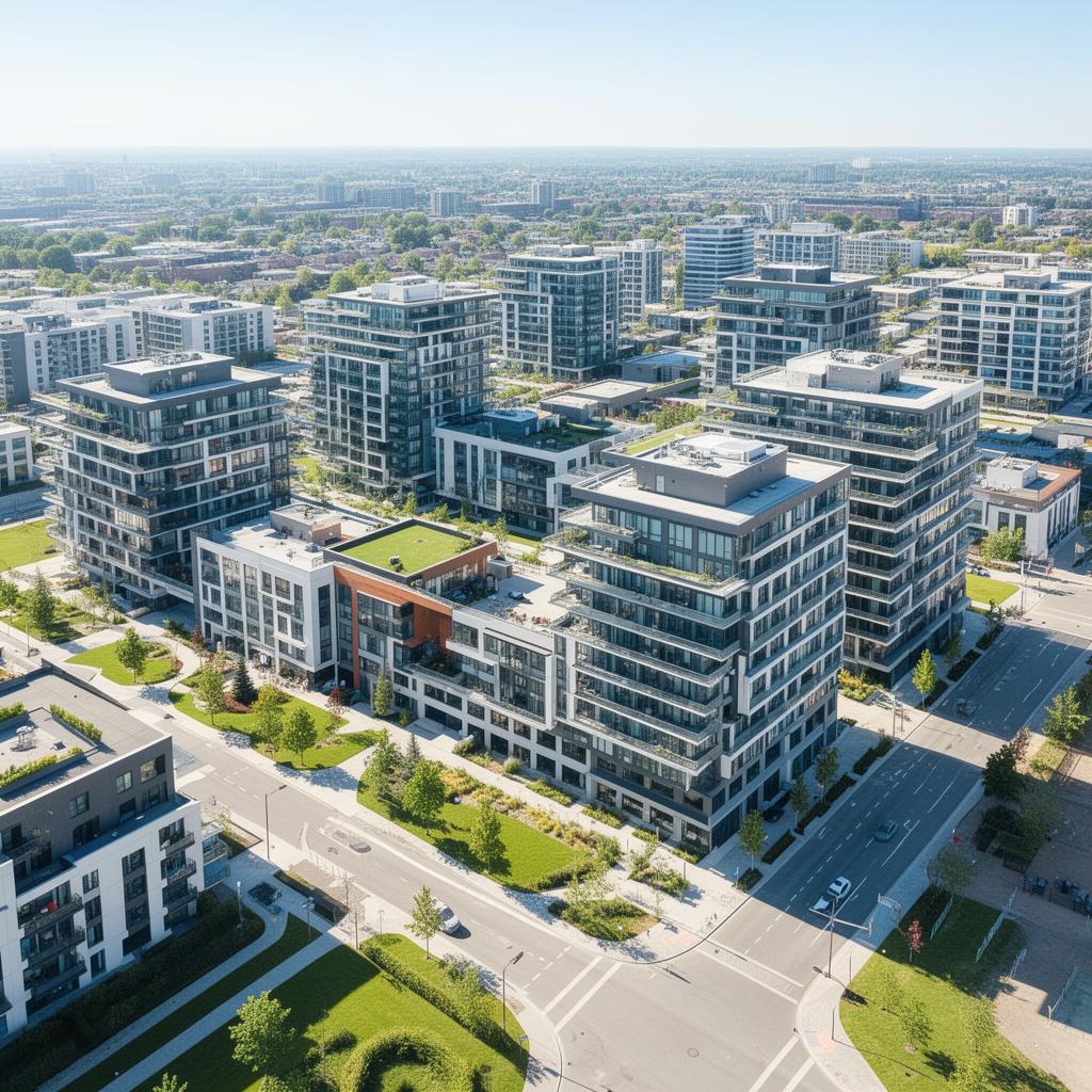 Modernes Stadtquartier mit verschiedenen Immobilien — typische Objekte für die RELAXA Portfolioverwaltung