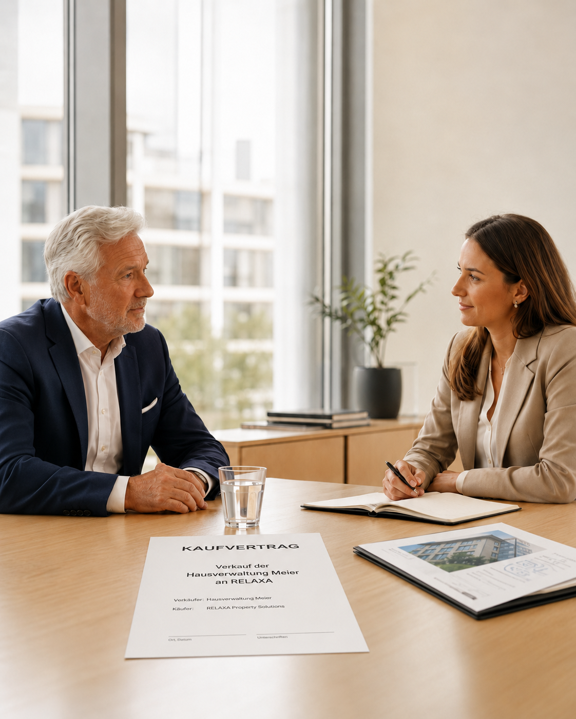 Geschäftsführer und Nachfolger im vertraulichen Übergabegespräch in einem modernen Büro
